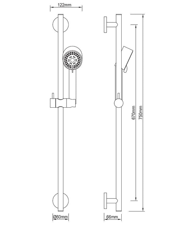 Wiesbaden UniMatch Cadans ensemble barre de douche coulissante avec douchette noir mat - dessin technique | Schwertz & Co