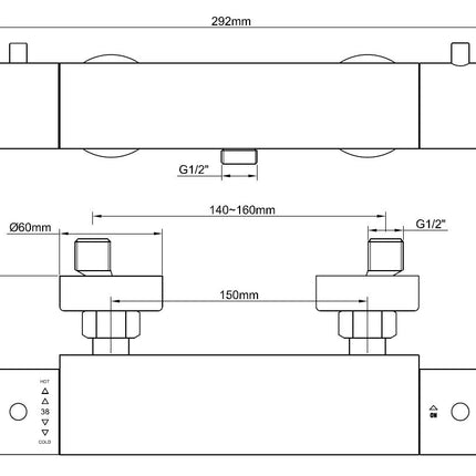 Wiesbaden Caral Cool Touch thermostatische douchemengkraan mat zwart - technische tekening | Schwertz & Co