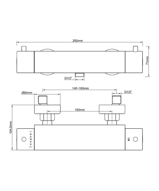 Wiesbaden Caral Cool Touch thermostatische douchemengkraan mat zwart - technische tekening | Schwertz & Co
