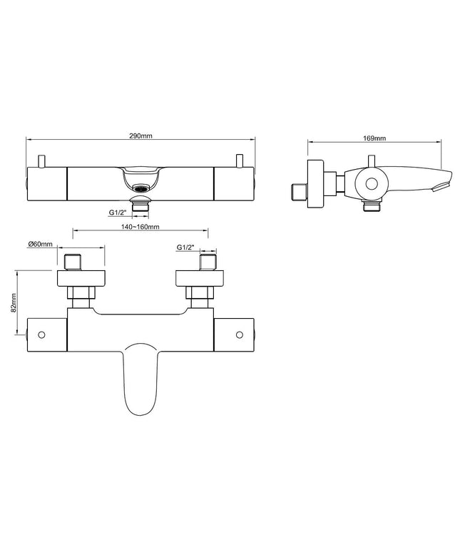 Wiesbaden Caral thermostatische badmengkraan mat zwart - technische tekening | Schwertz & Co