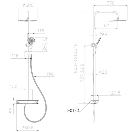 Wiesbaden Tondell regendoucheset met planchet chroom - technische tekening | Schwertz & Co
