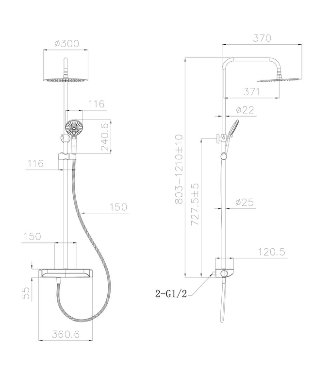 Wiesbaden Tondell regendoucheset met planchet chroom - technische tekening | Schwertz & Co