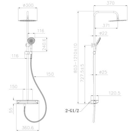 Wiesbaden Tondell regendoucheset met planchet mat zwart - technische tekening | Schwertz & Co