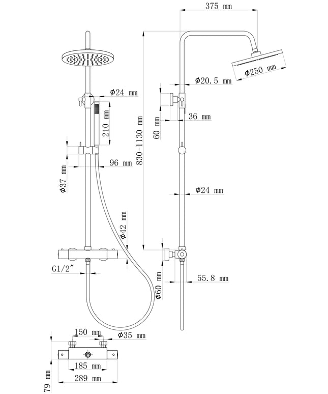 Wiesbaden Caral regendoucheset opbouw geborsteld staal - technische tekening | Schwertz & Co