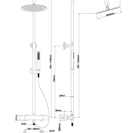 Wiesbaden Caral thermostatische regendoucheset geborsteld brons koper - technische tekening | Schwertz & Co