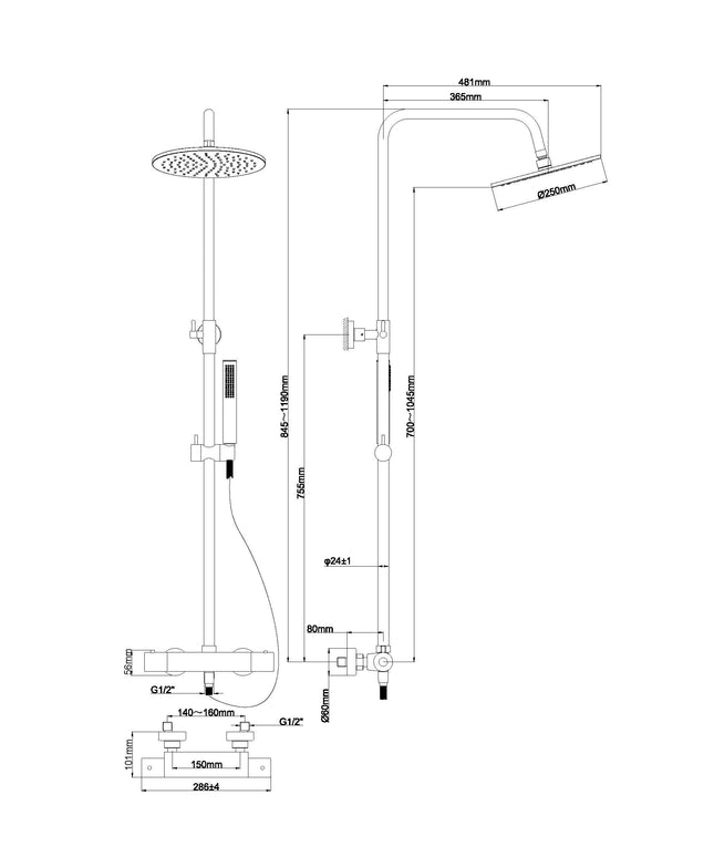 Wiesbaden Caral thermostatische regendoucheset geborsteld brons koper - technische tekening | Schwertz & Co