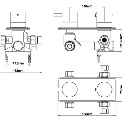 Xellanz Rivaro inbouwthermostaat 2-weg mat zwart - technische tekening | Schwertz & Co