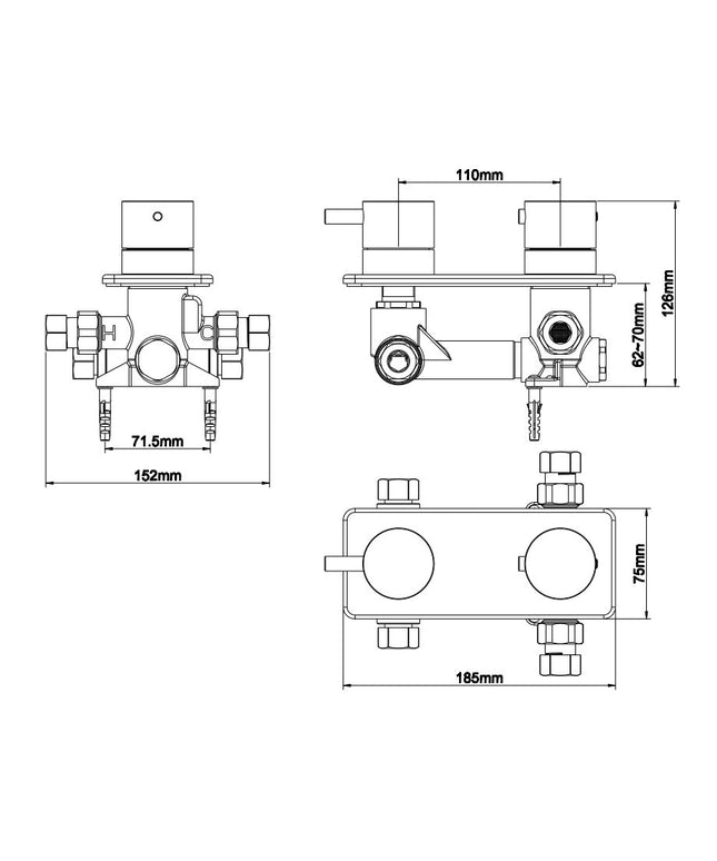 Xellanz Rivaro inbouwthermostaat 2-weg mat zwart - technische tekening | Schwertz & Co