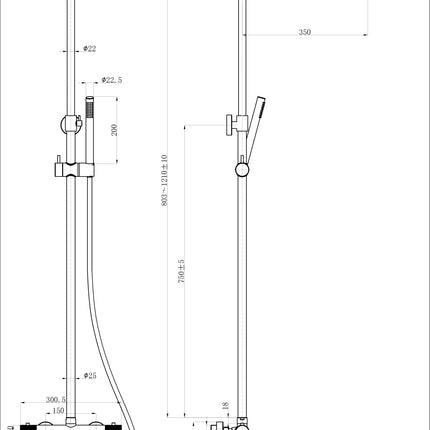 Wiesbaden Ribbd regendoucheset opbouw chroom - technische tekening | Schwertz & Co