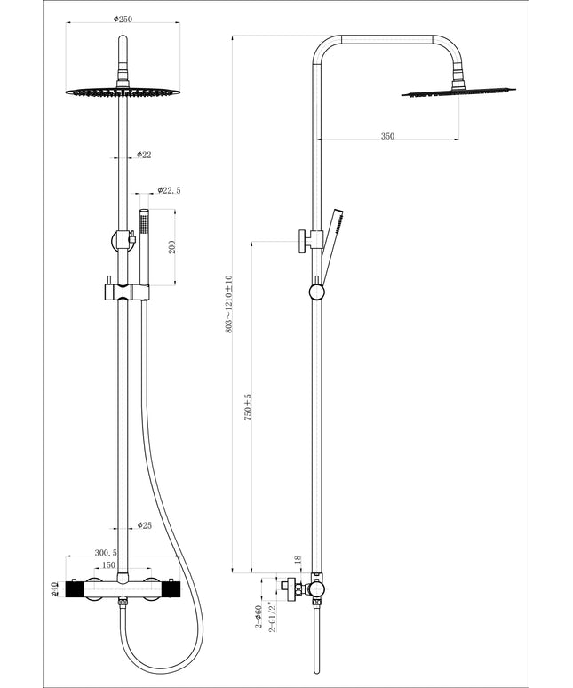 Wiesbaden Ribbd regendoucheset opbouw mat zwart - technische tekening | Schwertz & Co