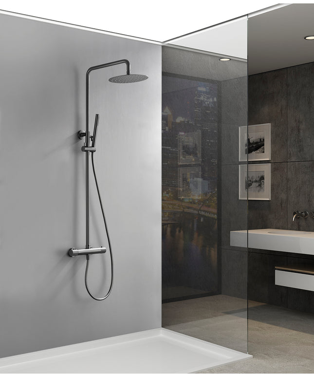 Wiesbaden Ribbd regendoucheset opbouw gunmetal PVD - detailfoto handdouche | Schwertz & Co