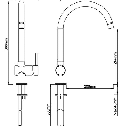 Wiesbaden Caral keukenmengkraan geborsteld staal - technische tekening | Schwertz & Co