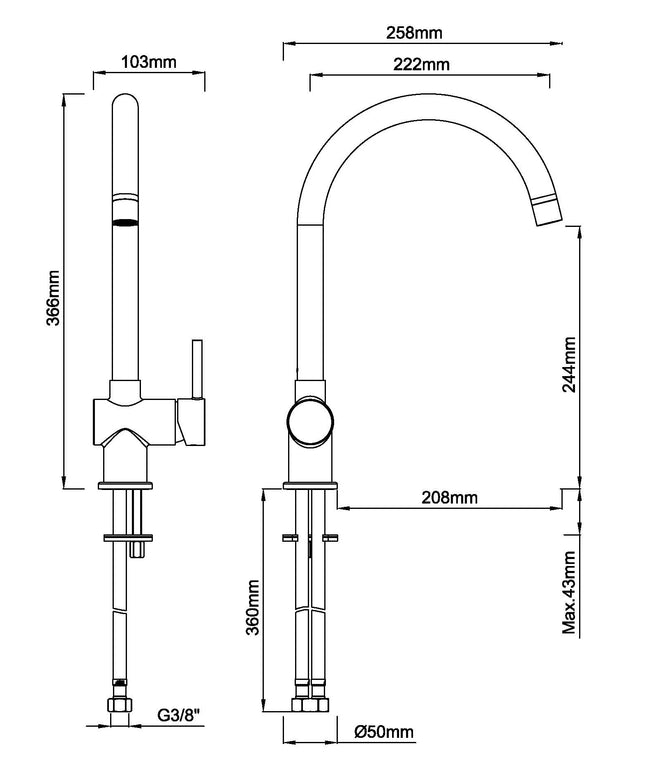 Wiesbaden Caral keukenmengkraan geborsteld staal - technische tekening | Schwertz & Co