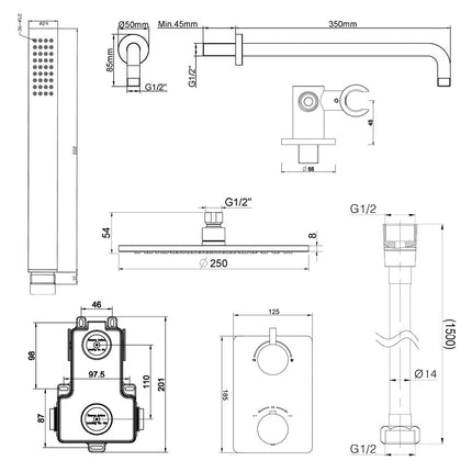 Wiesbaden Caral doucheset 25 cm geborsteld messing - technische tekening | Schwertz & Co