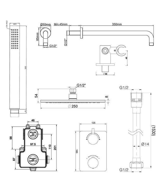 Wiesbaden Caral doucheset 25 cm geborsteld brons koper - technische tekening | Schwertz & Co