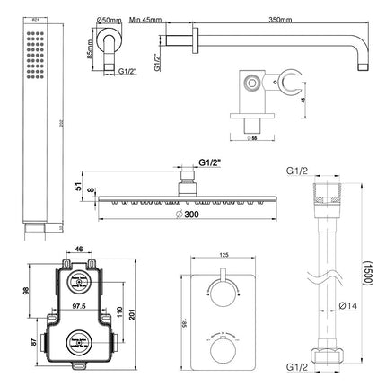 Wiesbaden Caral inbouwthermostaat doucheset 30 cm chroom - technische tekening | Schwertz & Co