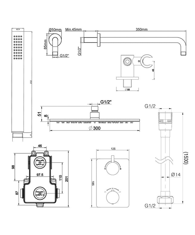 Wiesbaden Caral doucheset 30 cm geborsteld staal - technische tekening | Schwertz & Co