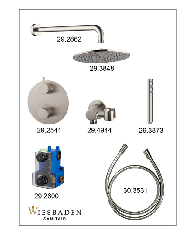 Wiesbaden Caral ronde inbouwthermostaat 30 cm staafhanddouche geborsteld staal - sfeerfoto | Schwertz & Co