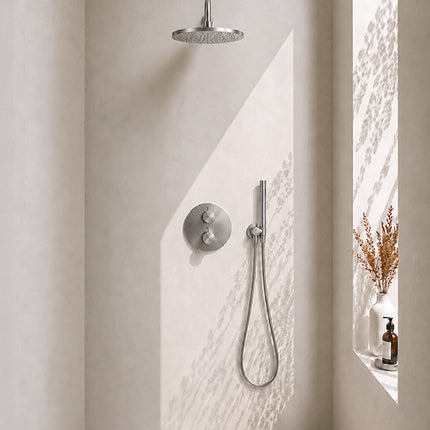 Wiesbaden Caral ronde inbouwthermostaat 30 cm staafhanddouche geborsteld staal | Schwertz & Co