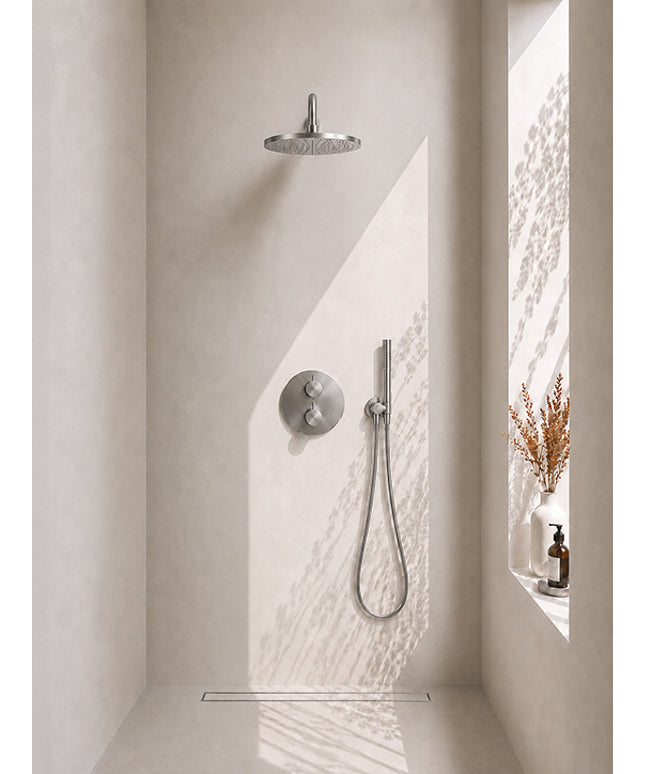 Wiesbaden Caral ronde inbouwthermostaat 30 cm staafhanddouche geborsteld staal | Schwertz & Co