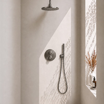 Wiesbaden Caral inbouwthermostaat 30 cm staafhanddouche gunmetal | Schwertz & Co