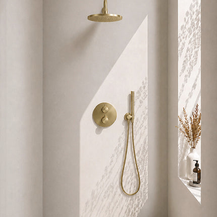 Wiesbaden Caral inbouwthermostaat 30 cm staafhanddouche geborsteld messing | Schwertz & Co