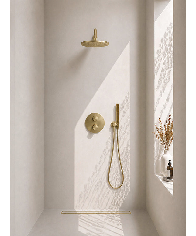 Wiesbaden Caral inbouwthermostaat 30 cm staafhanddouche geborsteld messing | Schwertz & Co