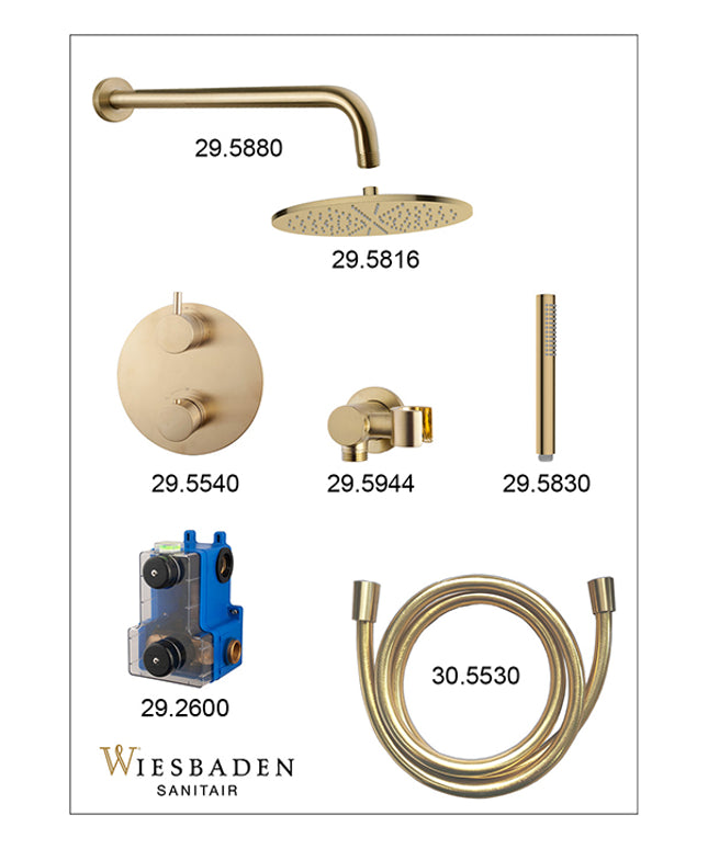 Wiesbaden Caral inbouwthermostaat 30 cm staafhanddouche geborsteld messing - sfeerfoto | Schwertz & Co