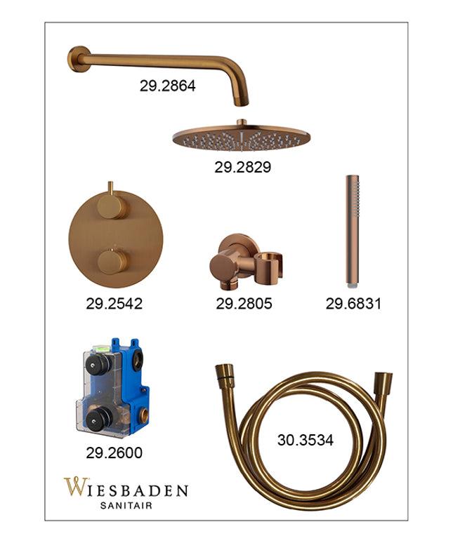 Wiesbaden Caral ronde inbouwthermostaat 30 cm staafhanddouche geborsteld brons koper - sfeerfoto | Schwertz & Co