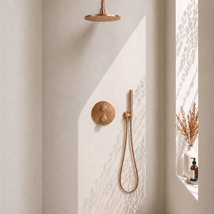 Wiesbaden Caral ronde inbouwthermostaat 30 cm staafhanddouche geborsteld brons koper | Schwertz & Co