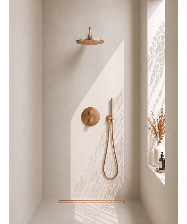 Wiesbaden Caral ronde inbouwthermostaat 30 cm staafhanddouche geborsteld brons koper | Schwertz & Co