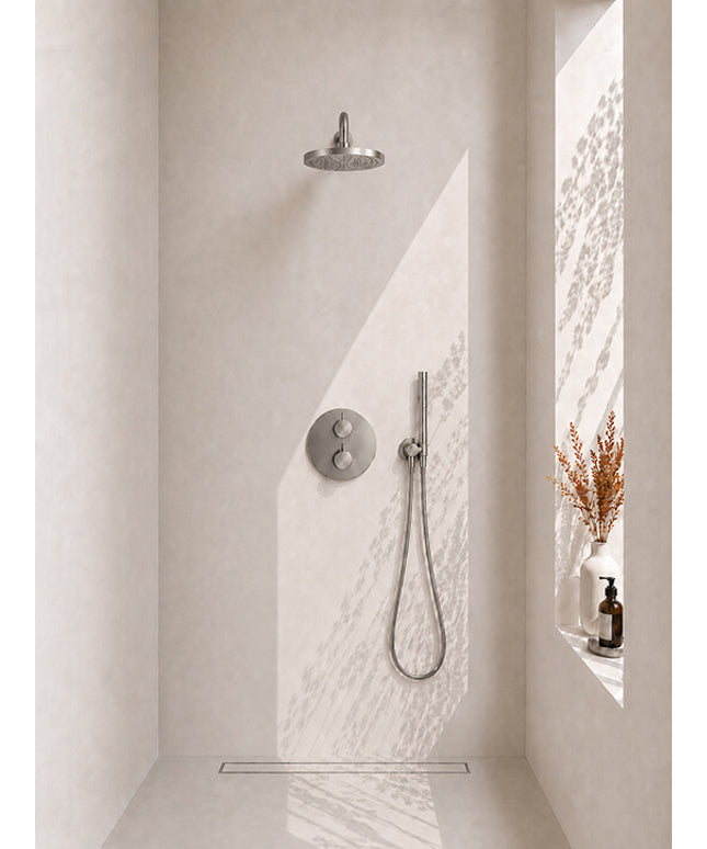 Wiesbaden Caral thermostaat rond 25 cm staafhanddouche geborsteld staal | Schwertz & Co