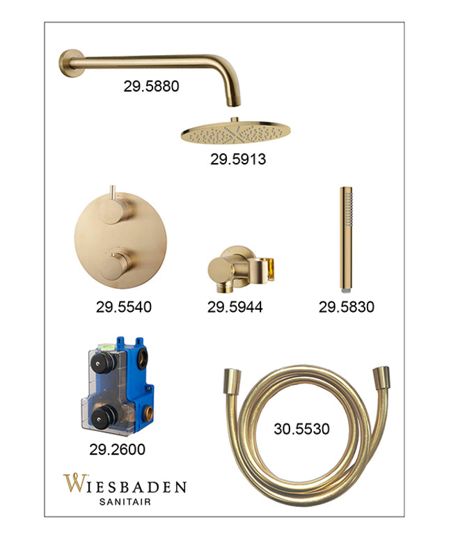 Wiesbaden Caral inbouwthermostaat 25 cm staafhanddouche geborsteld messing - sfeerfoto | Schwertz & Co
