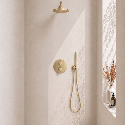 Wiesbaden Caral inbouwthermostaat 25 cm staafhanddouche geborsteld messing | Schwertz & Co