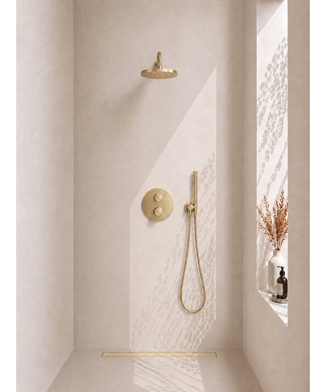 Wiesbaden Caral inbouwthermostaat 25 cm staafhanddouche geborsteld messing | Schwertz & Co