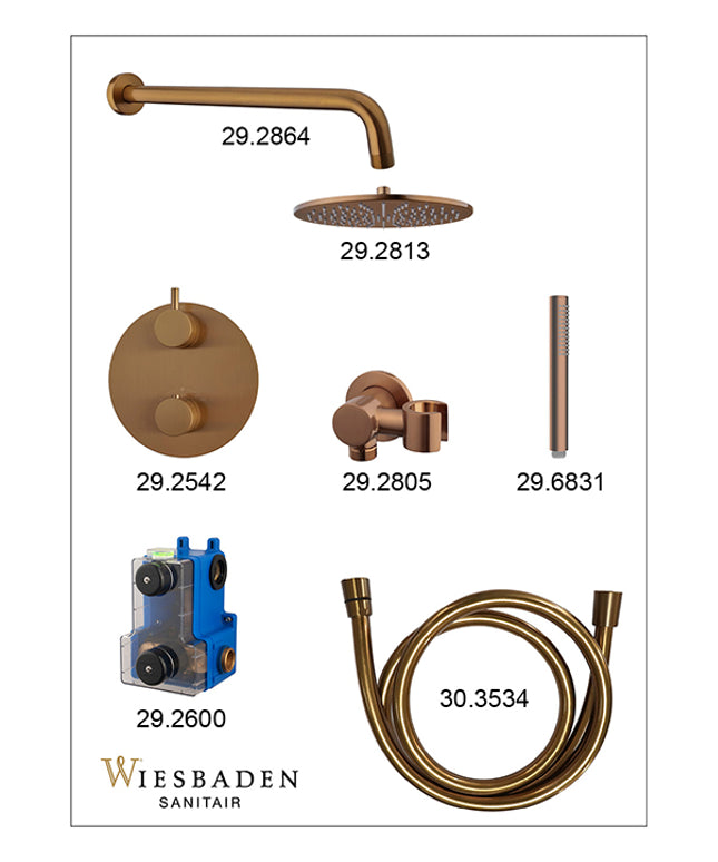 Wiesbaden Caral ronde inbouwthermostaat 25 cm staafhanddouche geborsteld brons koper - sfeerfoto | Schwertz & Co
