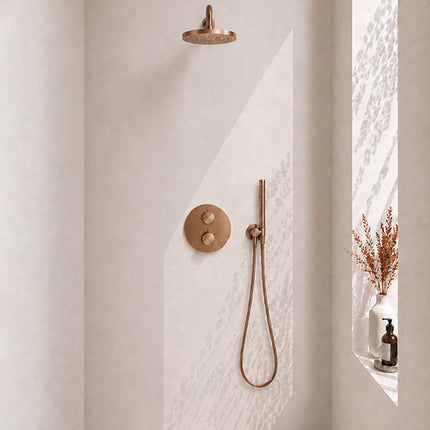 Wiesbaden Caral ronde inbouwthermostaat 25 cm staafhanddouche geborsteld brons koper | Schwertz & Co