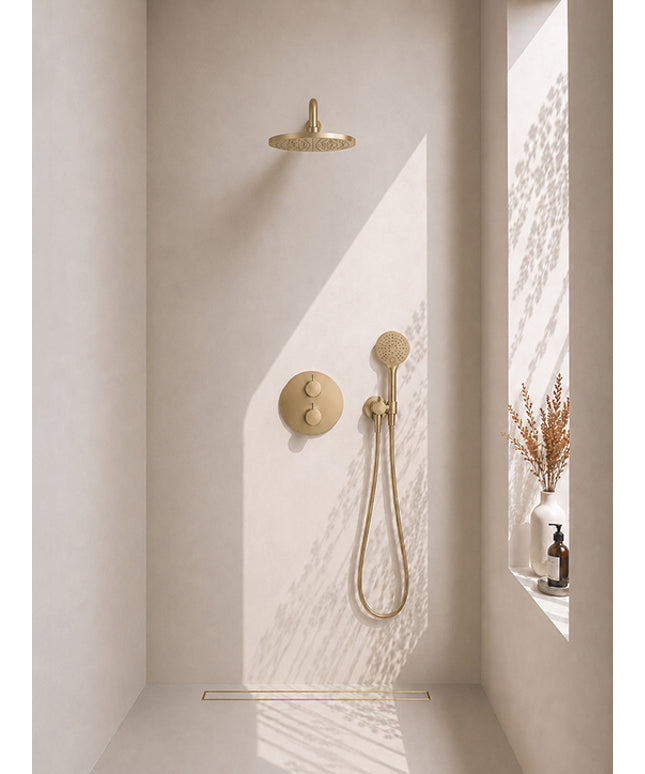 Wiesbaden Caral inbouwthermostaat 30 cm 3-standen geborsteld messing | Schwertz & Co