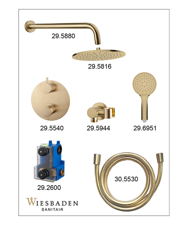 Wiesbaden Caral inbouwthermostaat 30 cm 3-standen geborsteld messing - sfeerfoto | Schwertz & Co