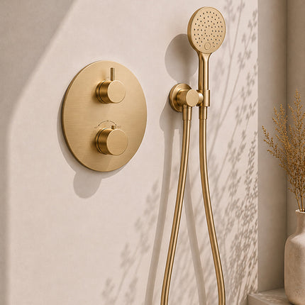 Wiesbaden Caral inbouwthermostaat 25 cm 3-standen geborsteld messing - detailfoto | Schwertz & Co