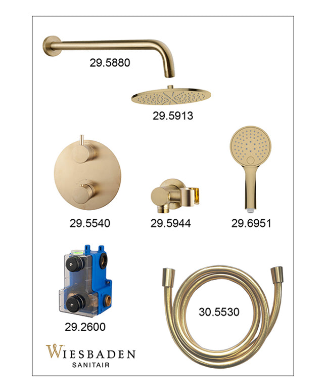Wiesbaden Caral inbouwthermostaat 25 cm 3-standen geborsteld messing - sfeerfoto | Schwertz & Co