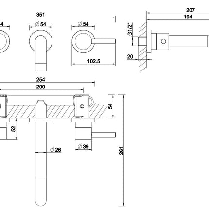 Wiesbaden Caral afbouwdeel wastafelkraan 2-knops geborsteld staal - technische tekening | Schwertz & Co