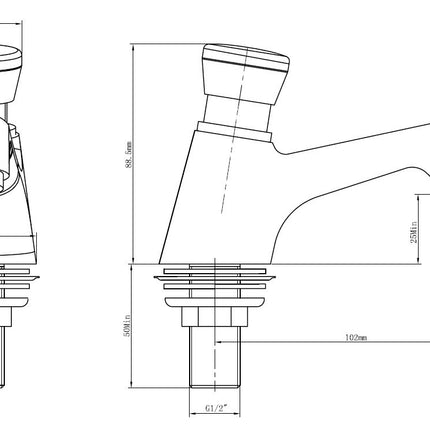 Xellanz Kazi zelfsluitende fonteinkraan chroom - technische tekening | Schwertz & Co