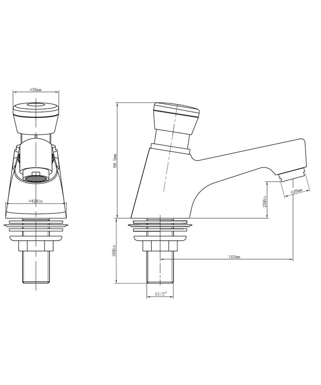 Xellanz Kazi zelfsluitende fonteinkraan chroom - technische tekening | Schwertz & Co