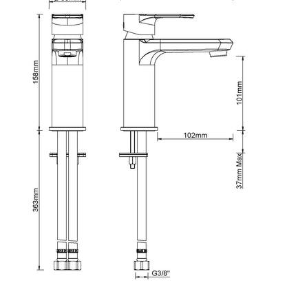 Xellanz Trop wastafelmengkraan chroom - technische tekening | Schwertz & Co
