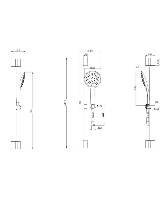 Xellanz Rain ensemble barre de douche coulissante complet noir mat – dessin technique | Schwertz & Co
