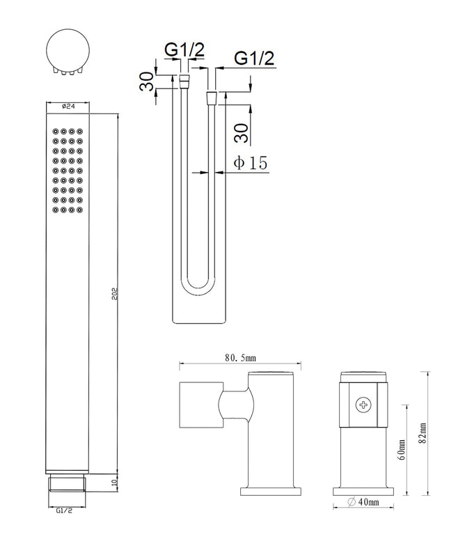 Wiesbaden UniMatch staafhanddoucheset gunmetal - technische tekening | Schwertz & Co