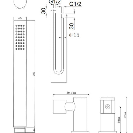 Wiesbaden UniMatch staafhanddoucheset geborsteld brons koper - technische tekening | Schwertz & Co