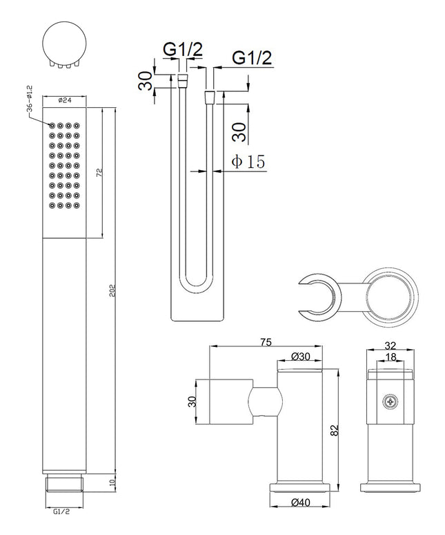 Wiesbaden UniMatch staafhanddoucheset brons koper met mat zwart - technische tekening | Schwertz & Co