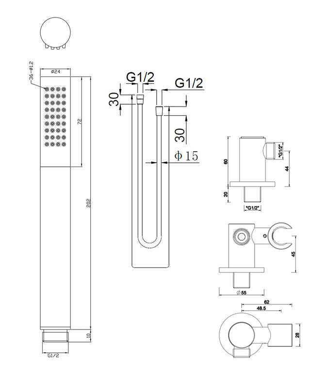 Wiesbaden UniMatch staafhanddoucheset gunmetal en mat zwart - technische tekening | Schwertz & Co